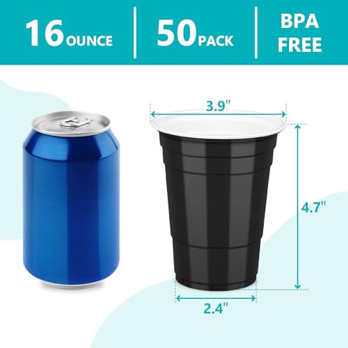 Black Plastic Cups 16 oz Disposable Party Cups Set of 50 - Heavy Duty