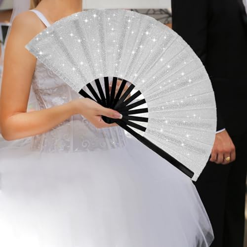 Silver Folding Glitter Rave Fan with Leg Strap & Case for Festivals and Parties