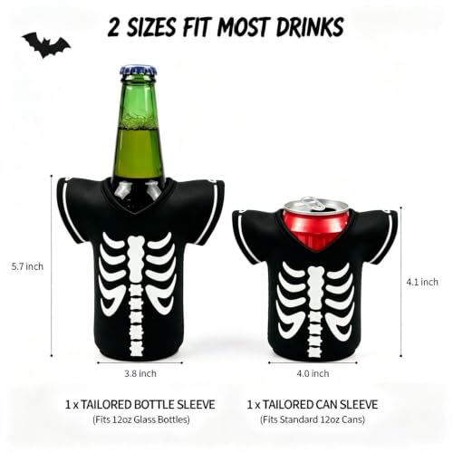 Skeleton Halloween Drink Sleeve 2 Pack - Neoprene Can & Bottle Cooler - Bone Skeleton Variation