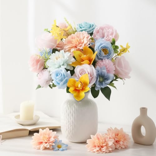 Artificial Flowers Combo - Pink, Blue, Yellow Silk Roses & Dahlias for DIY Bouquets & Decor