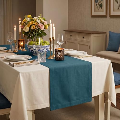 Pure Linen Table Runner Peacock Blue 14x120 Inches - Handcrafted, Formal Dining Decor
