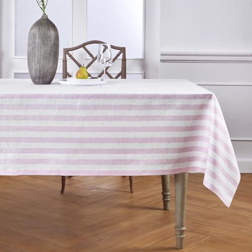 Pure Linen Tablecloth 60 x 108 Inches - Pink & White Striped, Handcrafted