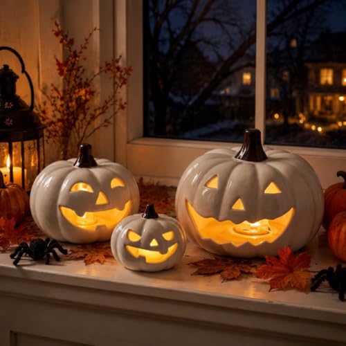 3-Piece Halloween Ceramic Jack O' Lantern Pumpkin Set - White, 3/5/6 Inches, LED Lights
