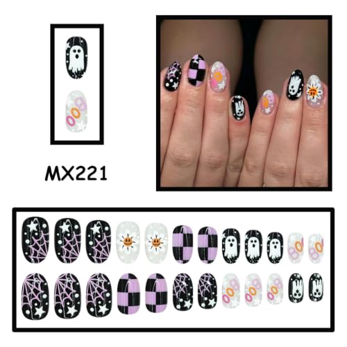 Halloween Press On Nails Short Oval Ghost & Spider Web Style-12