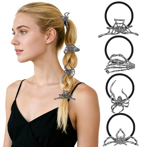 Gothic Halloween Hair Ties Set - Skeleton Hand Spider Web Skull Ponytail Holders for Women