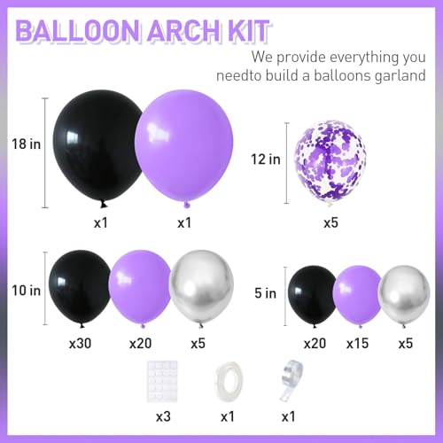 Black Purple Balloons Arch Kit - Metallic Silver Confetti Balloon Party Decorations - Variation: Purple Black