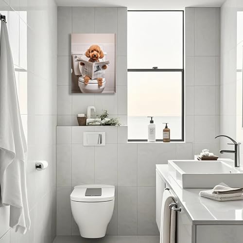 Framed 12x16 Inch Canvas Wall Art Set - Funny Bathroom Dog Decor - 3 Pack