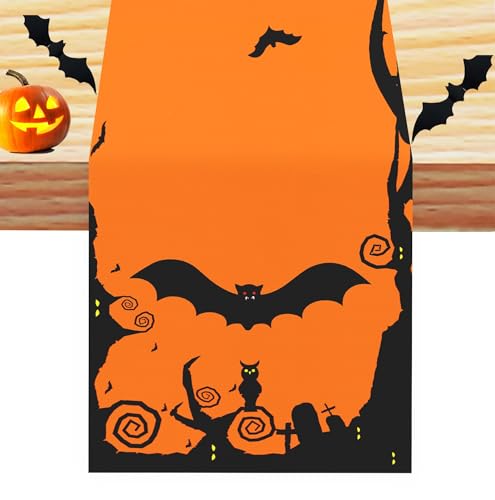 Halloween Table Runner Decor Orange Bat Pattern 13x72 Inch - Indoor Home Party