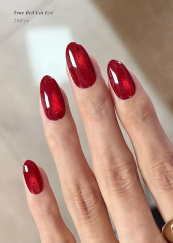 Semi Cured Gel Nail Strips - True Red Cat Eye, 20 Pack Salon Quality