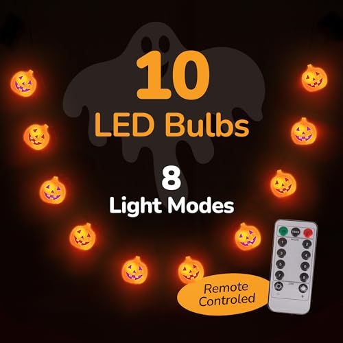 Halloween Pumpkin String Lights with Remote, 10 LED Outdoor Indoor Decorations