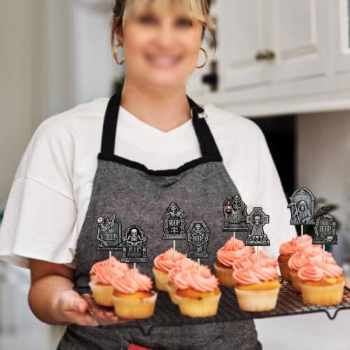 Halloween Tombstone Cupcake Toppers Cemetery Graveyard Zombie Skeleton Hands - Design 25, 40 Pack