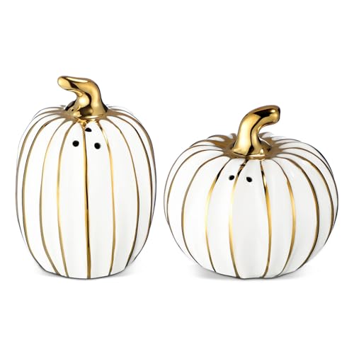 Fall Pumpkin Salt and Pepper Shakers Set - White and Gold, Ceramic, 3 Inch
