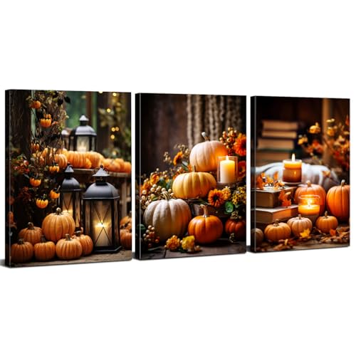 Farmhouse Pumpkin Wall Art Set - Fall Kitchen Decor Canvas Prints 12x16 Inches, 3 Pieces - Autumn Harvest Theme for Thanksgiving & Halloween, Rustic Home Decor
