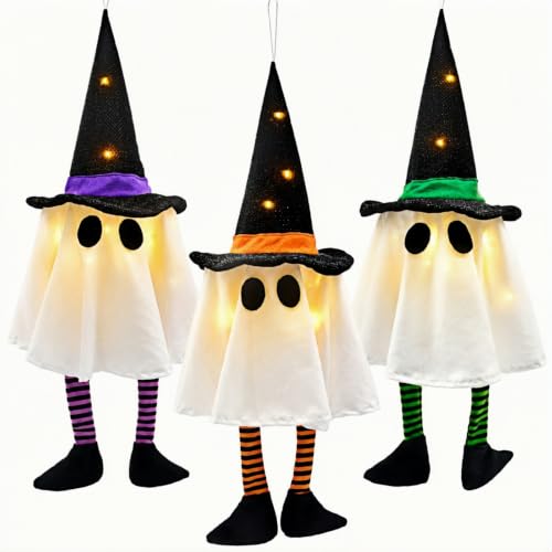 Halloween Ghost Hanging Decoration Set with LED Lights - 3pcs