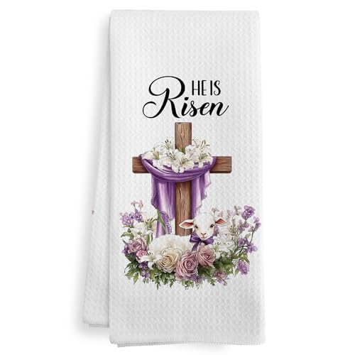 He Is Risen Easter Cross Kitchen Towels - Farmhouse Religious Dish Hand Tea Towels 16x24 Inch - Risen1