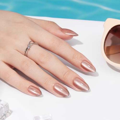 Short Almond Press-On Nails with Pink Cat Eye & Silver Tips - Coral Gleam Variation
