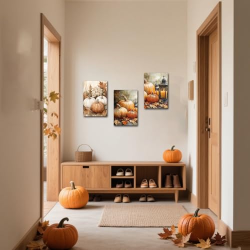 Fall Wall Decor 3 Pieces Farmhouse Pumpkin Autumn Canvas Wall Art Brown 16x24 Inches