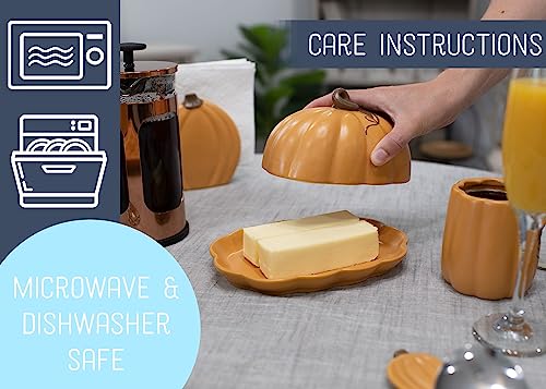Pumpkin Shaped Ceramic Butter Dish with Lid - Fall & Thanksgiving Decor - Orange - 8x6 Inches