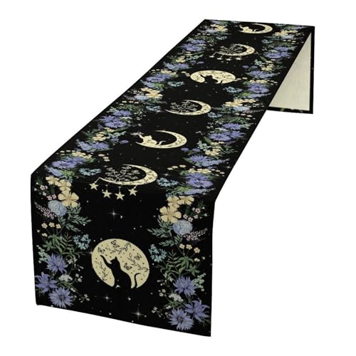 Black Cat Moon Phase Table Runner - Blue Moonphase, 13x36 Inch, Rustic Linen Decor