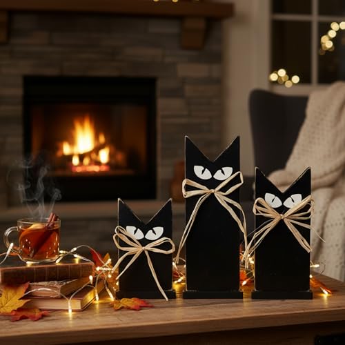 Halloween Rustic Wooden Black Cat Decorations Set - 3 Black Cats for Tabletop Shelf Mantel - Fall Party Decor