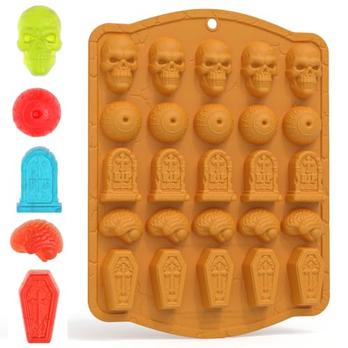 25 Cavities Halloween Skull Silicone Mold - 3D Eyeball, Tombstone, Brain, Coffin
