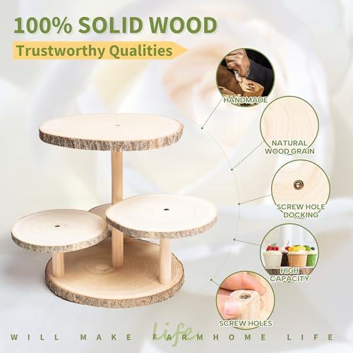 Wood 4-Tier Round Cake and Cupcake Stand Combo Rustic Wooden Dessert Display for Parties