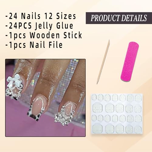 Medium Square Fake Nails with Silver Bead & 3D Star Charms - Glossy Reusable Press-On Nails for Women