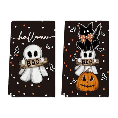 Black Cat Ghost Halloween Kitchen Towels Set of 2 18x26 Inch - Artoid Mode