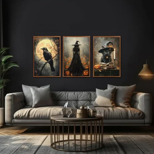 Halloween Gothic Wall Art Set - Black Cat & Witch Prints, 16x24 Inches - Dark Halloween Decoration