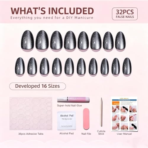 Grey Crystal Black Cat Eye Press On Nails - Medium Almond, 32 Count