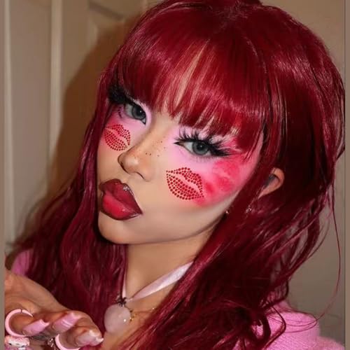 Red-Pink Kiss Face Gems Self-Adhesive Face Stickers for Makeup & Rave