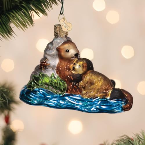 Otter with Pup Glass Blown Christmas Ornament - Coastal Holiday Decoration