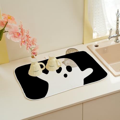 Halloween Dish Drying Mat 18x24 Inches - Ghost Fall Kitchen Decor - Black & White Variation 02