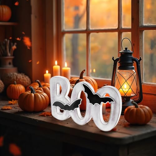 White Wooden Boo Sign Halloween Decor Indoor Table Centerpiece