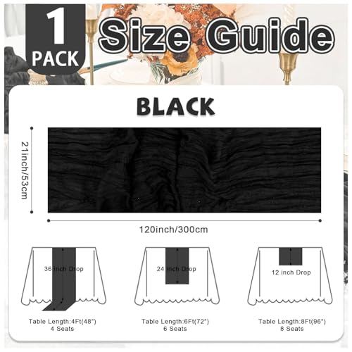 Black Cheesecloth Table Runner 21x120 Inch Reusable Gauze Boho Rustic Decor - 10ft