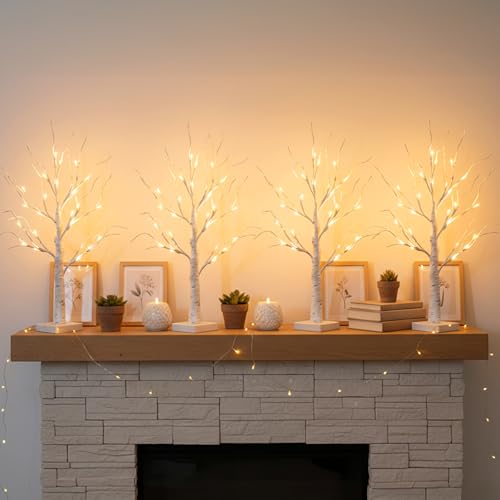 4 Pack Lighted Birch Tree Decorations - 2 Ft Indoor LED Tabletop Trees with Timer