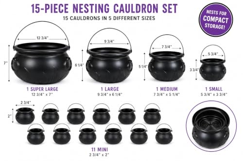 Halloween Cauldron Set - Black Plastic Buckets for Party Decor, 15 Pieces