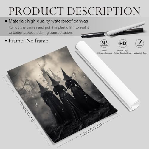 Unframed Halloween Wall Art - Gothic Three Witches Canvas Print - 12x16 Inches