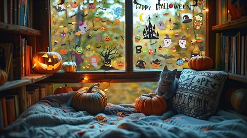 Halloween Window Clings Set - Double Sided Witch Ghost Pumpkin Bat 9 Sheets with Variation Monster Witch
