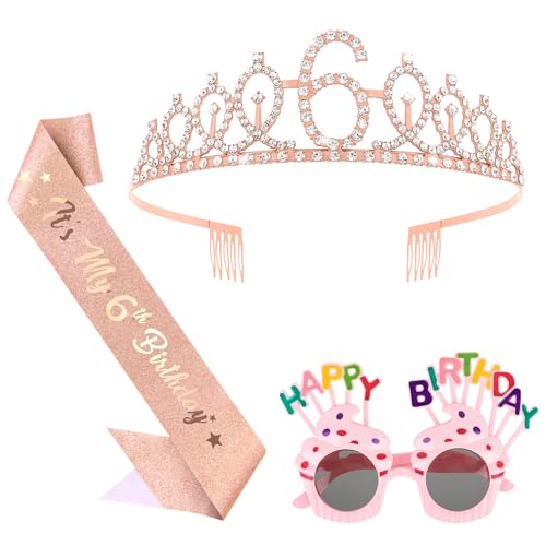 6th Birthday Decorations Kit with Glitter Sash and Crown - Rose Gold Variation