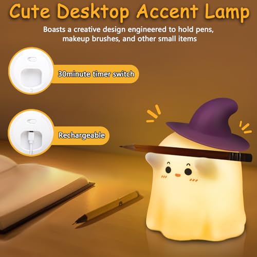 Ghost Night Light with Timer - Magician Warm White Squeeze Touch Lamp - Rechargeable and Dimmable Halloween Decor