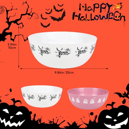 Large Halloween Candy Bowls Set - Reusable Plastic Trick or Treat Bowls - White Pink