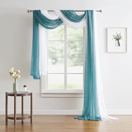 Teal Sheer Window Scarf Valance 55 x 360 for Elegant Home Decor - Grey Teal Variation