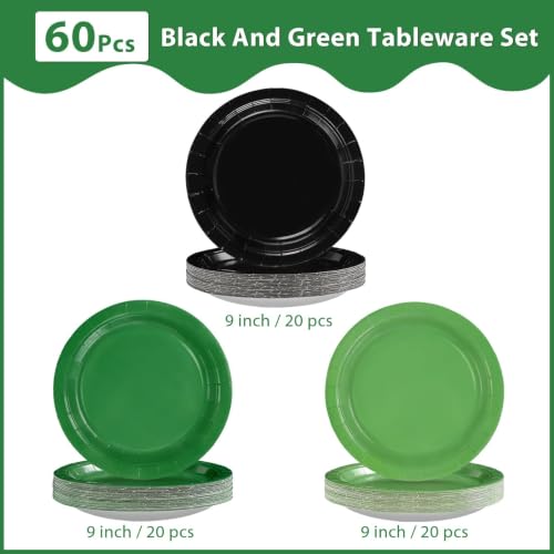 Heavy Duty Green, Black & Light Green Paper Plates 9 Inch - 60 Pack - Variation: Black Green Light Green Solid Color
