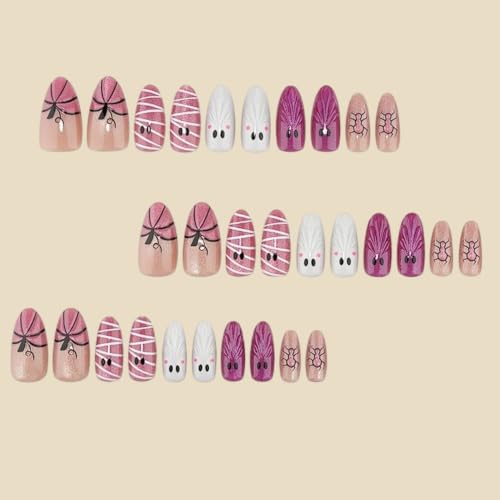 Halloween Ghost & Spider Almond Fake Nails - Purple 26 - Medium Length