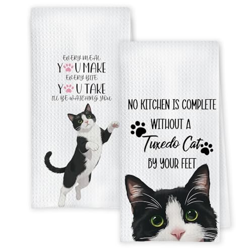 Tuxedo Cat Kitchen Towels Set of 2 - Funny Hand Towels for Cat Lovers, 16x24 Inches, Tuxedo Cat B Variation