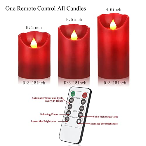 Red Flickering LED Candles Set of 3 - Real Wax Flameless Pillars with Remote & Timer