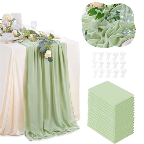 Sage Green Chiffon Table Runner 15 Pieces 27x120 Inches for Wedding Party Decor - QueenDream