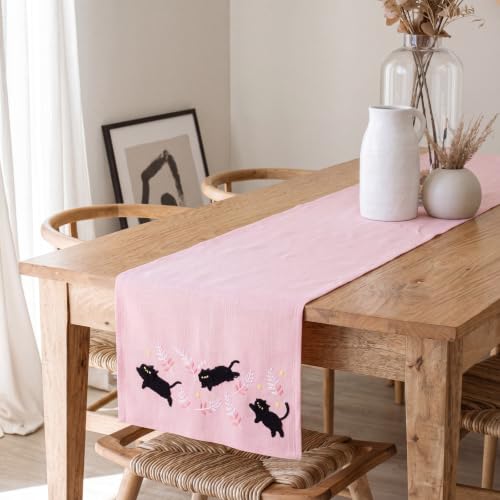 Pink Embroidered Black Cat Table Runner - Kitchen Decor, 13x72 Inches