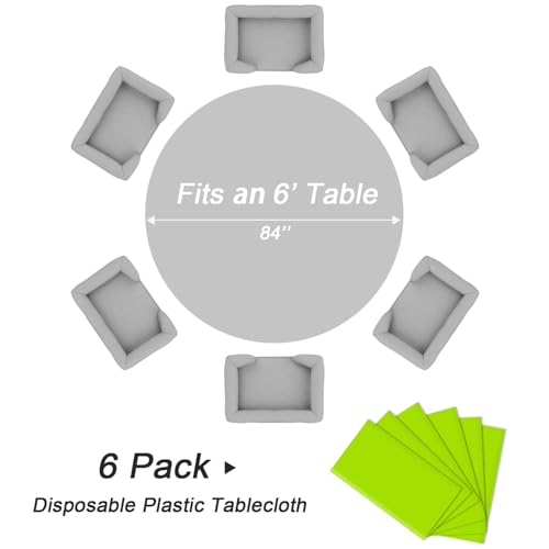 6 Pack Lime Green Round Disposable Plastic Tablecloths - 84 Inch for Events & Parties